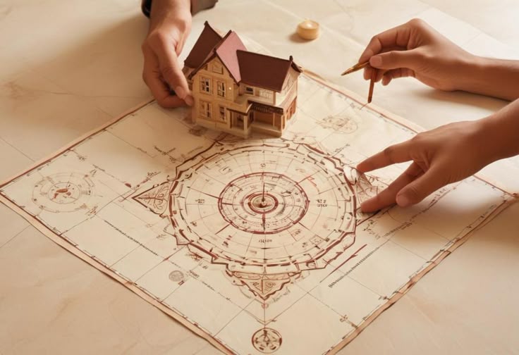 Traditional Vastu Shastra consultation showing architectural plans with directional compass and five elements